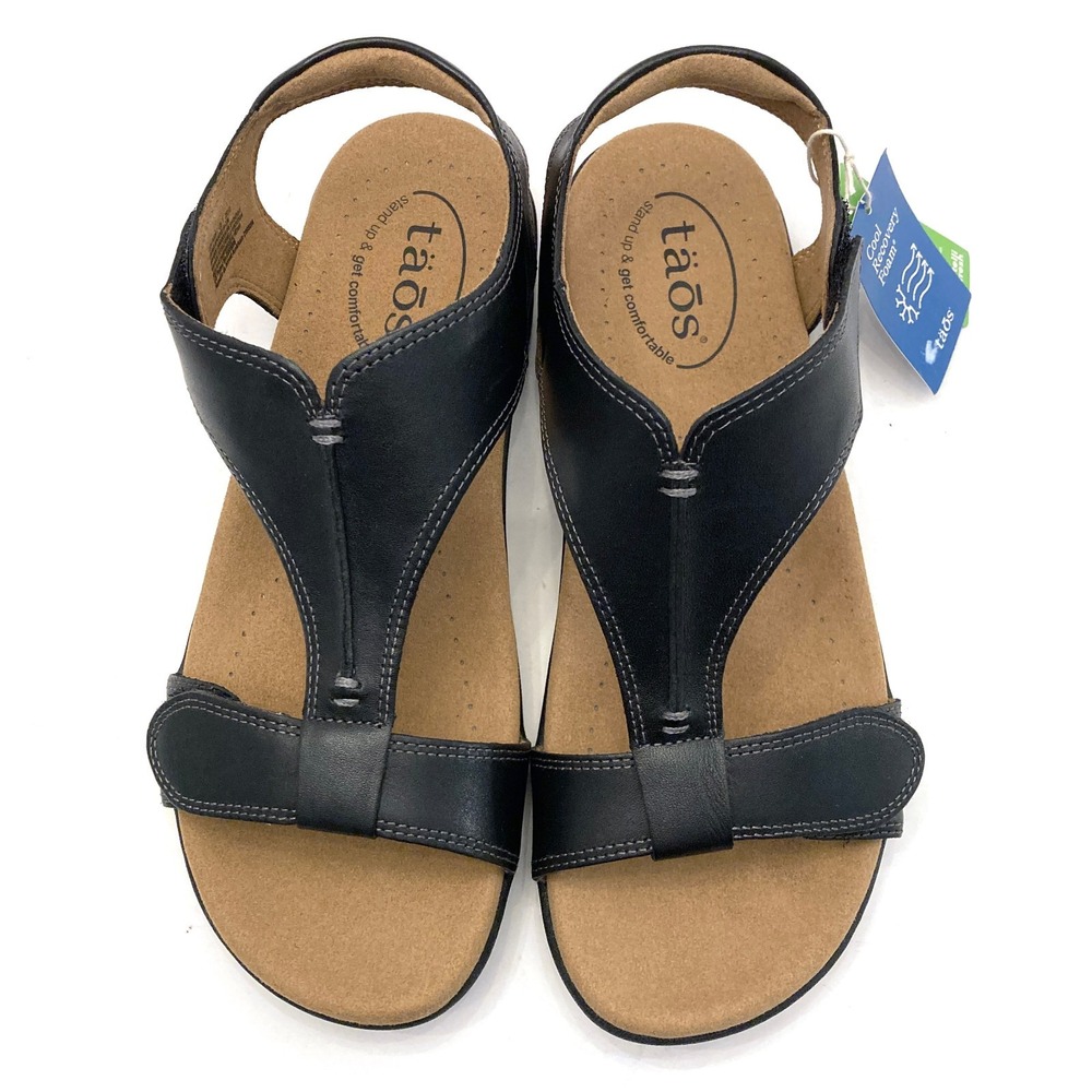 Taos The Show Sandals Black Leather T-Strap Womens 7 Padded Hook & Loop Open Toe
